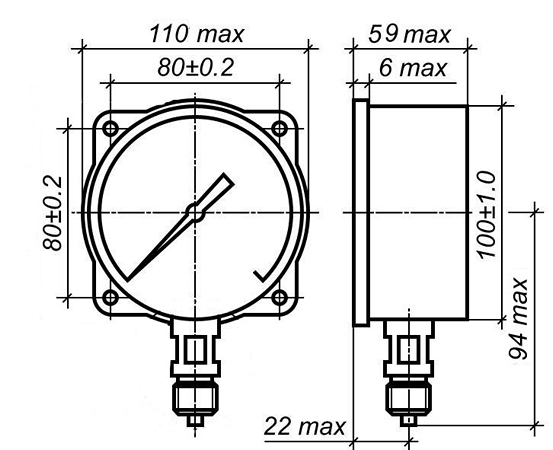 МП - радиальное расположение штуцера с задним фланцем для приборов с диапазоном показаний от 0 до 40 кгс/см2